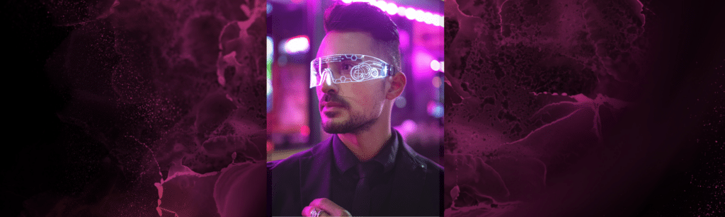 Man wearing futuristic glasses in front a purple lit scene