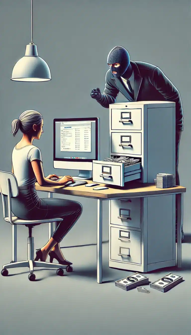 Illustration: Criminal breaking into a filing cabinet full up money and private files while a woman works on a computer nearby