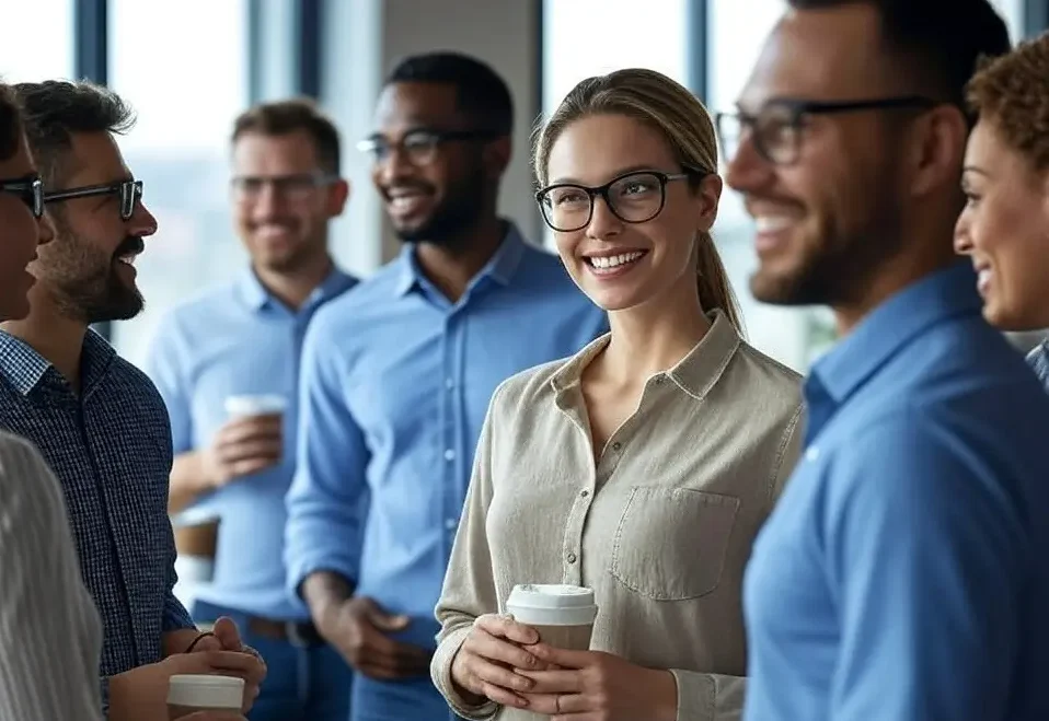 a group of men and women smiling and holding coffee